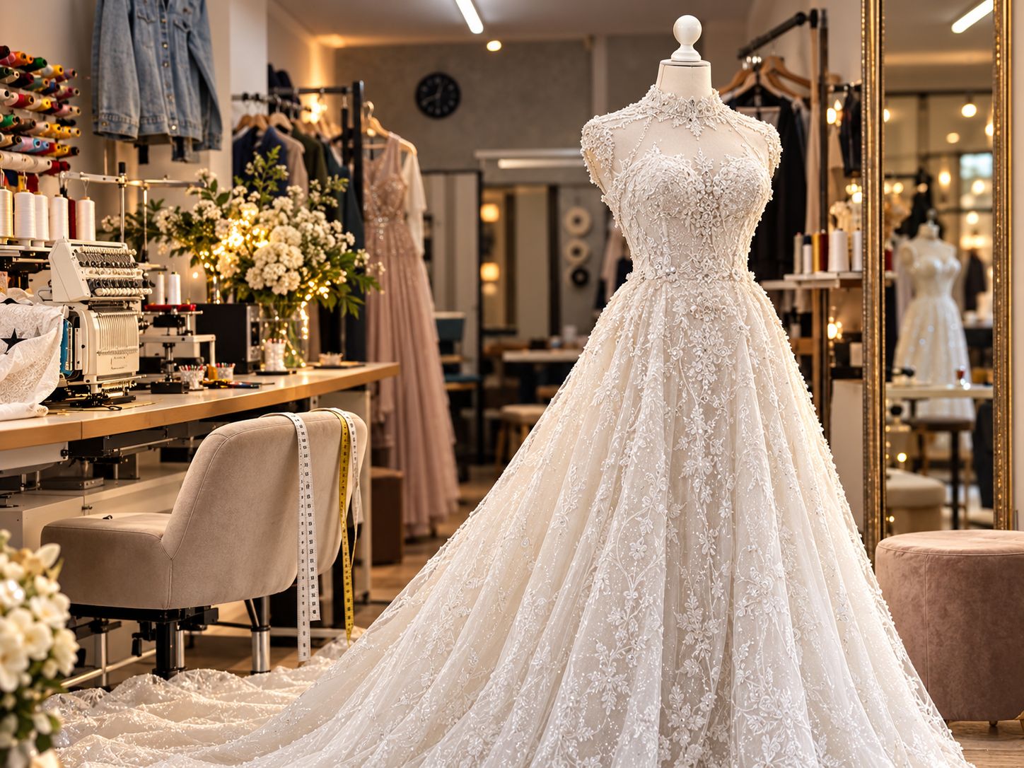 Brautkleid mit Spitze und langer Schleppe auf einer Schneiderpuppe im Atelier