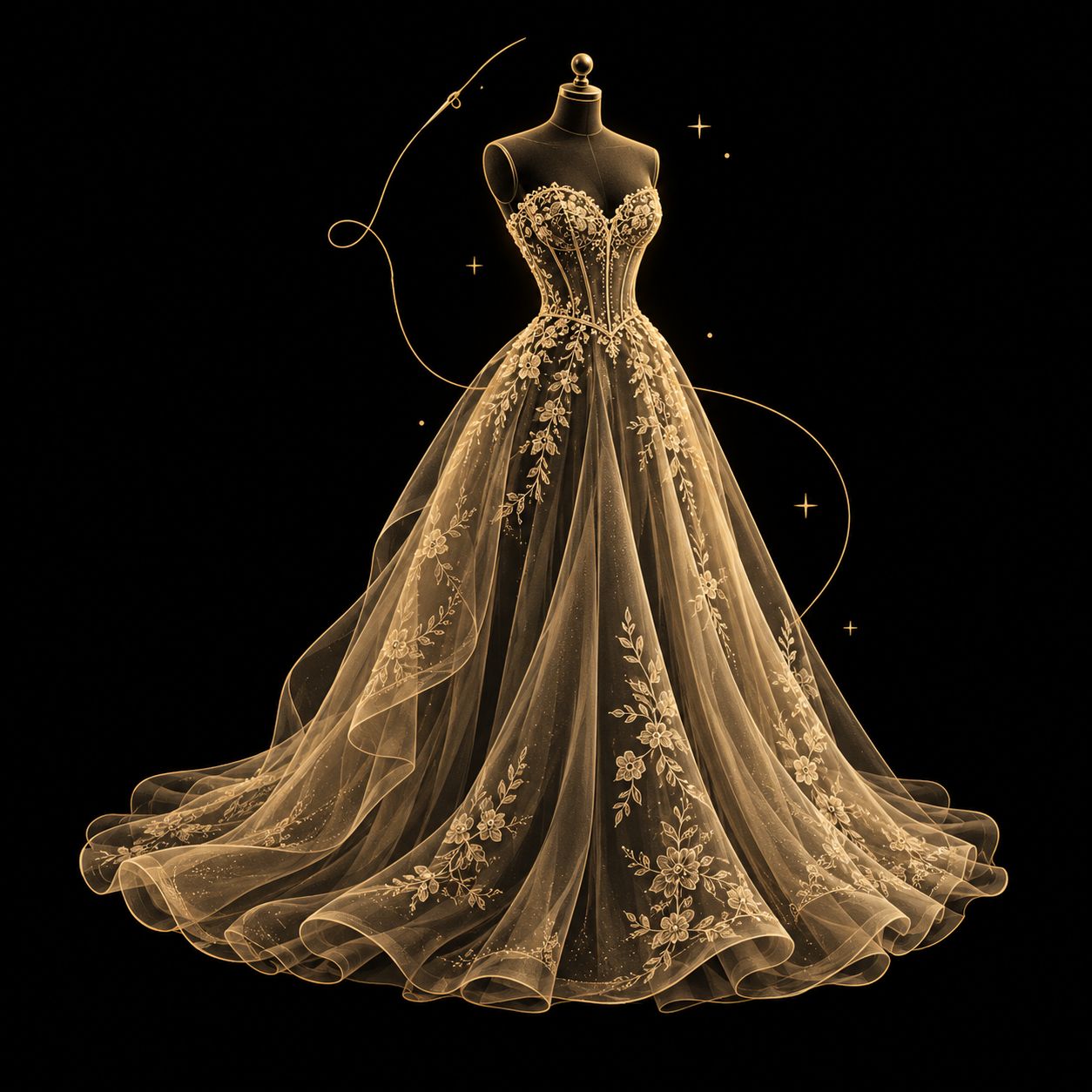Goldene Illustration eines Brautkleids auf einer Schneiderpuppe