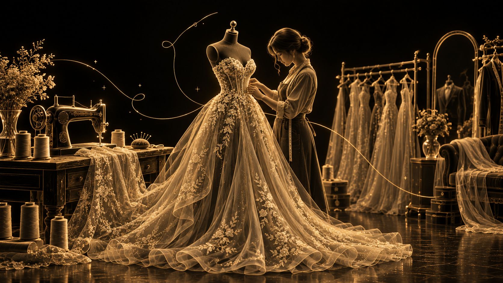 Goldene Illustration einer Brautkleid-Anprobe im Atelier