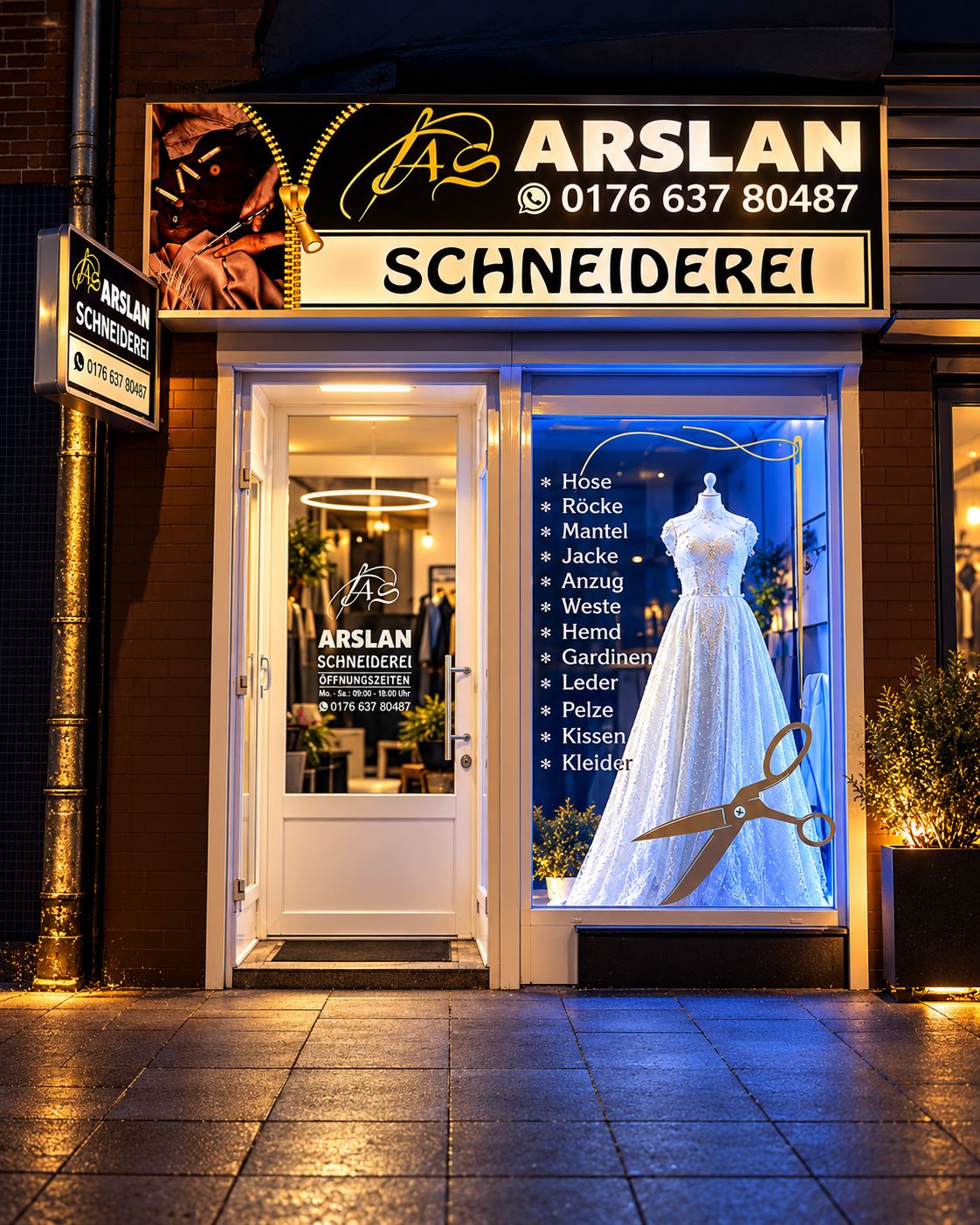Ladenfront der Arslan Schneiderei am Abend: beleuchtetes Schild, weiße Tür und Schaufenster mit Brautkleid