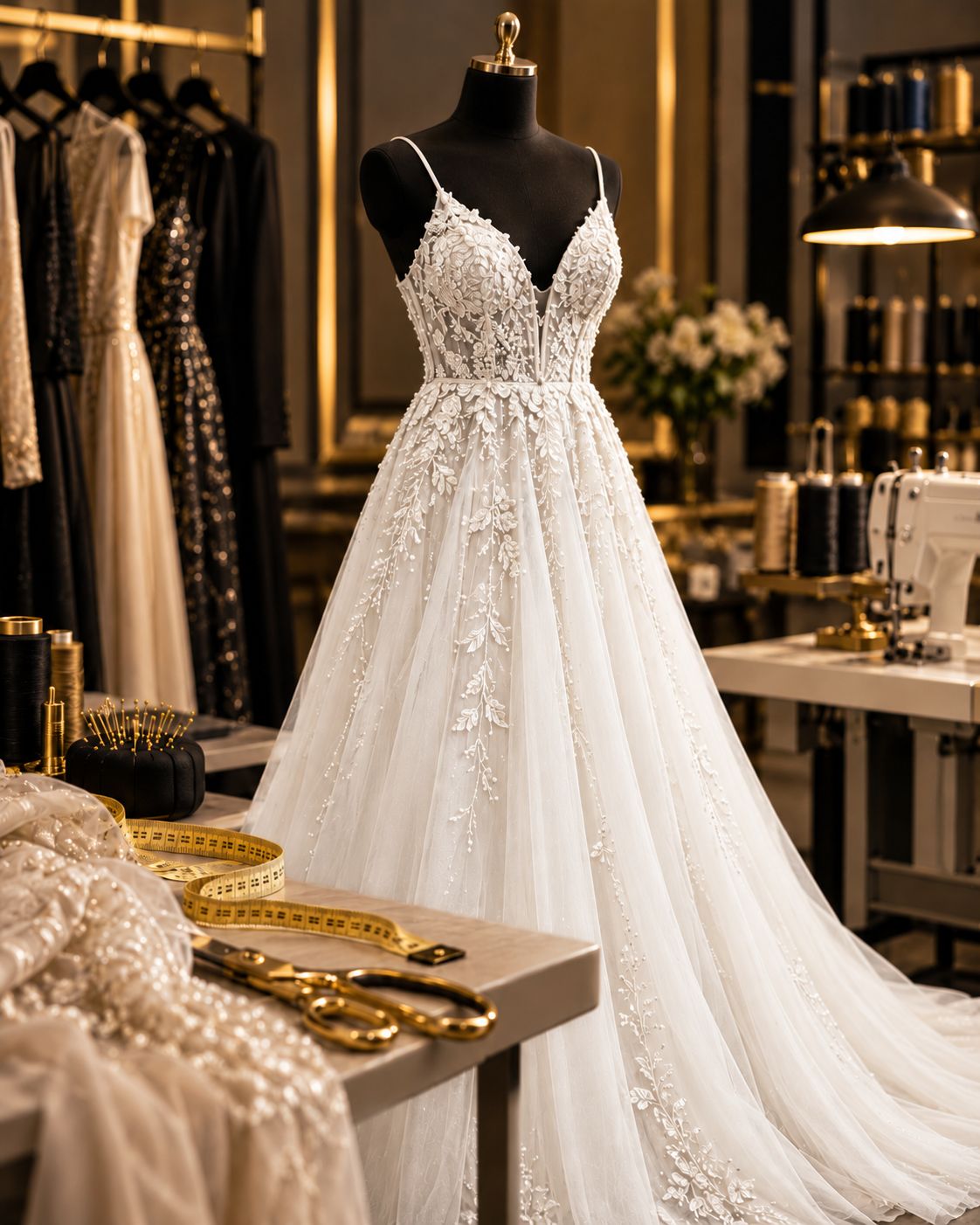 Weißes Brautkleid mit Spitzenranken und weitem Tüllrock an einer Schneiderpuppe, davor Maßband und Schere auf dem Tisch